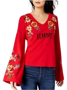 Red Embroidered Top FEMME Long Bell Sleeve V-Neck Floral Design Size XL